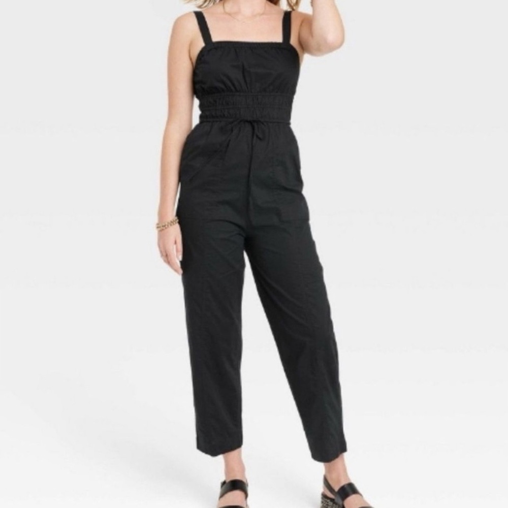 Universal Thread Black Smocked-Waist Square-Neck Jumpsuit Black Small Women